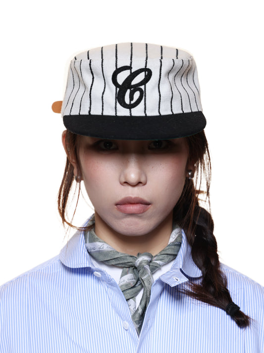 6CRAYON Retro Flat Top Baseball Cap - Striped Wool Blend with Embroidered Letters-Black Logo