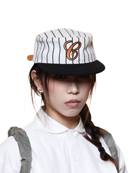 6CRAYON Retro Flat Top Baseball Cap - Striped Wool Blend with Embroidered Letters-Orange Logo