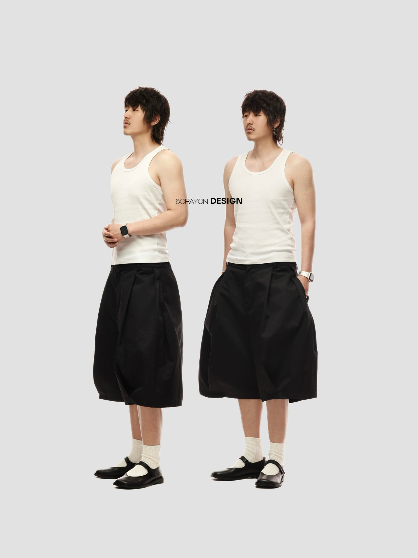 6CRAYON Elastic Waist Wide-Leg Shorts 2.0 – Double Pleated & Loose Fit with Coating