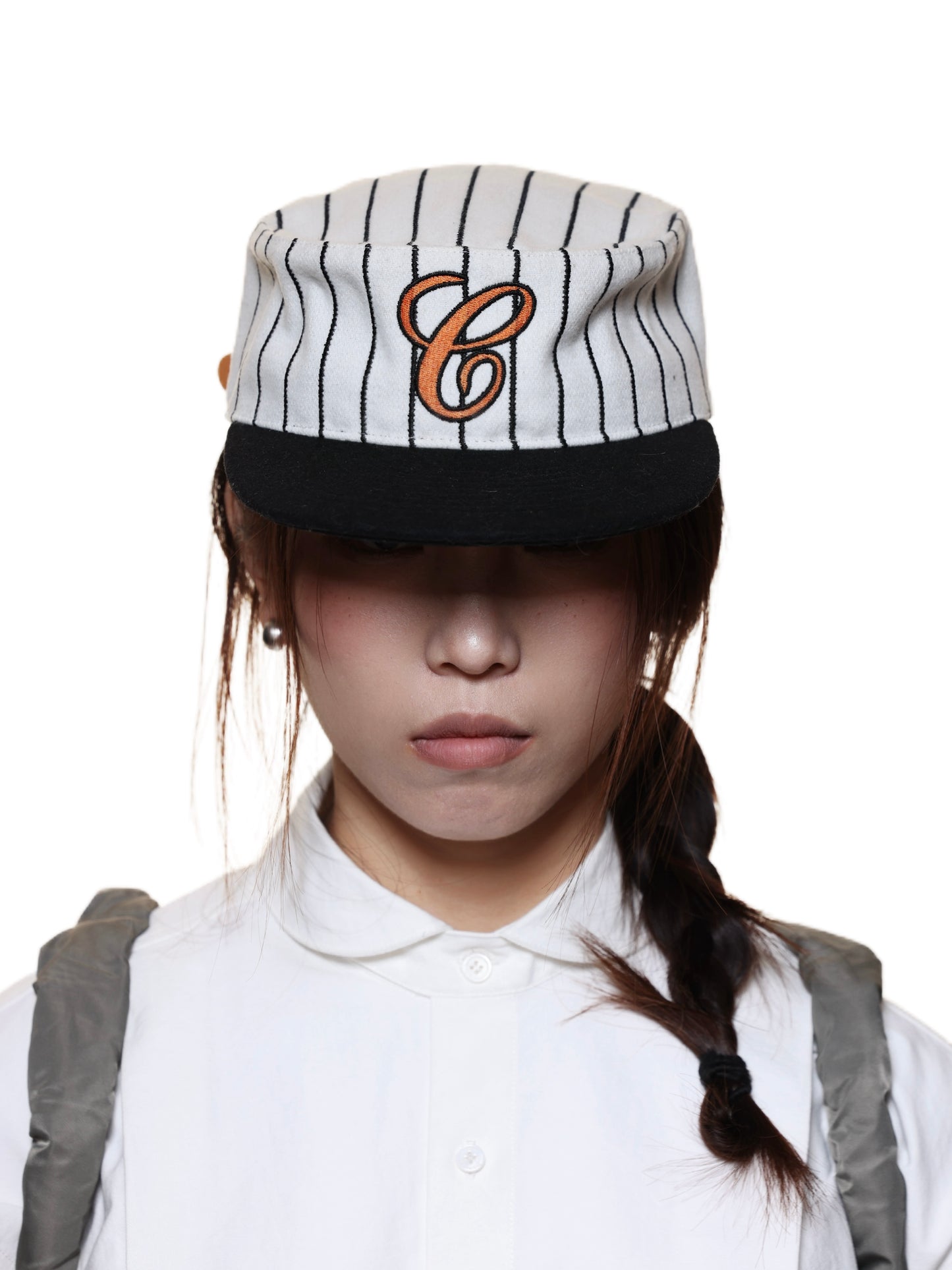 6CRAYON Retro Flat Top Baseball Cap - Striped Wool Blend with Embroidered Letters-Orange Logo